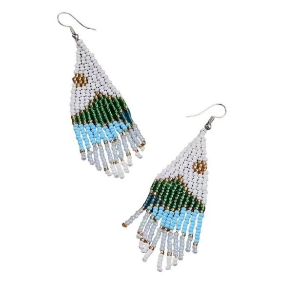 NEW Beaded Boho Nature Scene Sun Over Mountain River Hippie Dangly Earrings - Picture 2 of 3